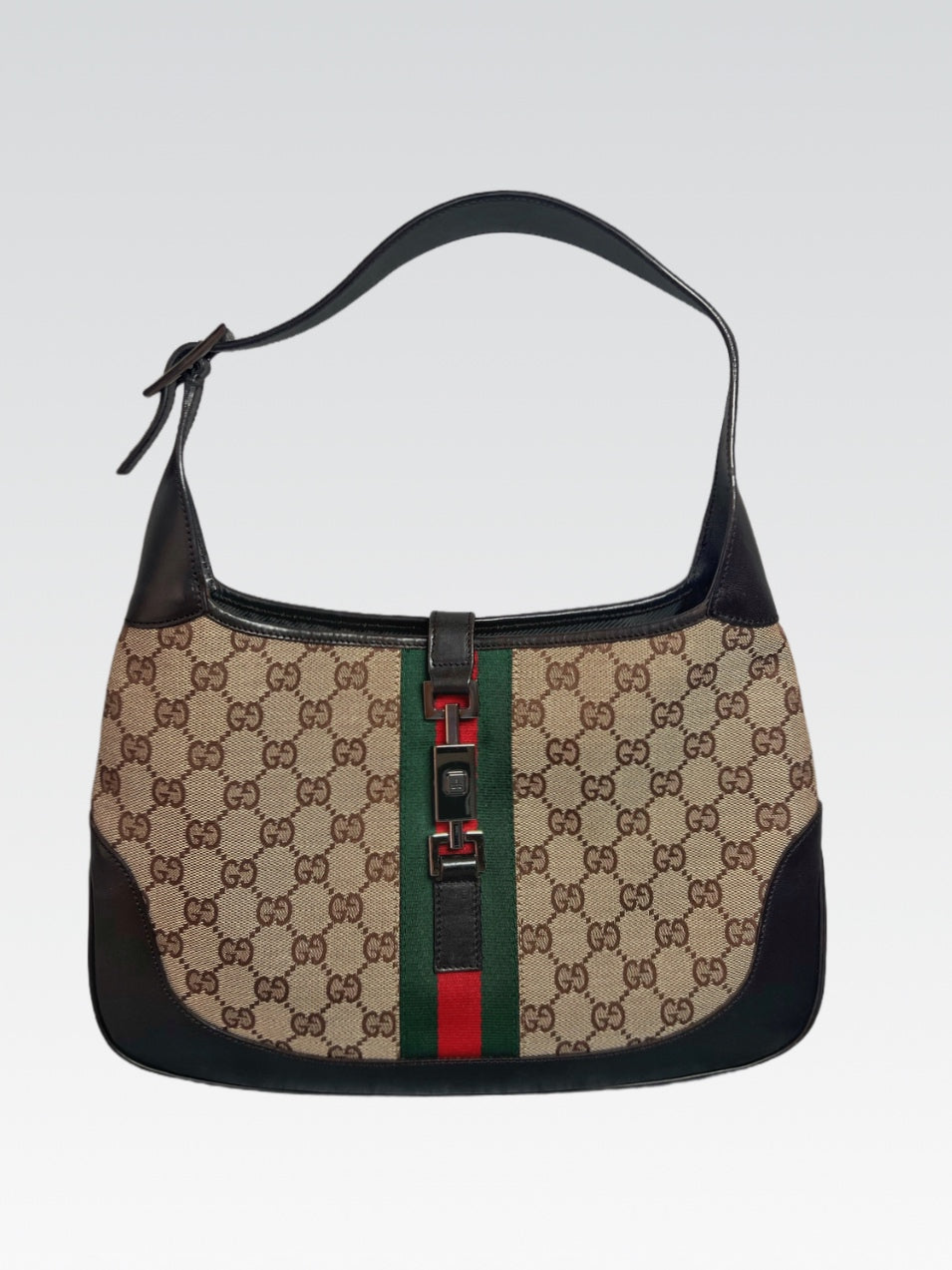 Gucci Jackie Medium en Lona GG Supreme con Tribanda Web y Piel