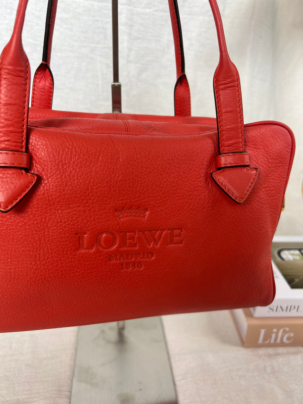 Loewe Heritage Mini Boston Bag in Red Leather with Engraved Logo